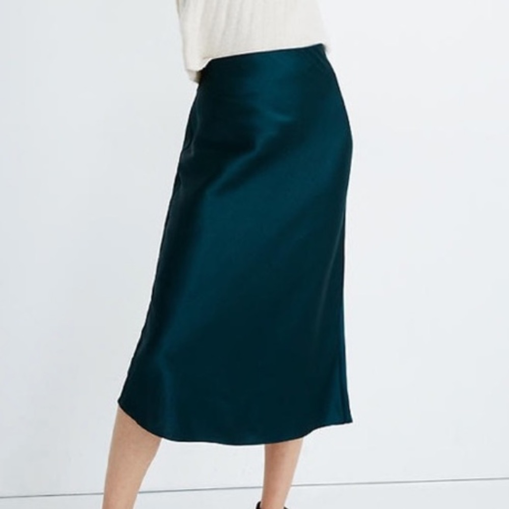 Madewell green satin slip midi skirt